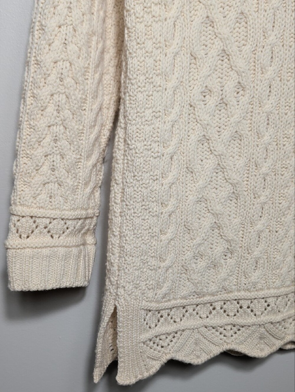 Inis Crafts 100% Merino Wool Cable Knit Long Full Zip Cardigan Sweater Medium - Picture 11 of 14